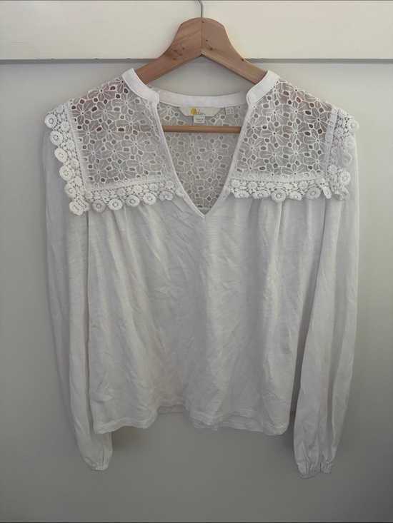 Boden Tops - Boden White Lace Yoke Blouse Long Sleeve Crochet Floral Cotton Modal Oversized 2